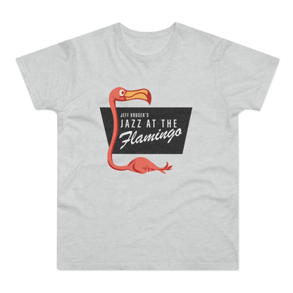 Gray t-shirt with a cartoon flamingo and "Jeff Kruger's Jazz at the Flamingo" text.
