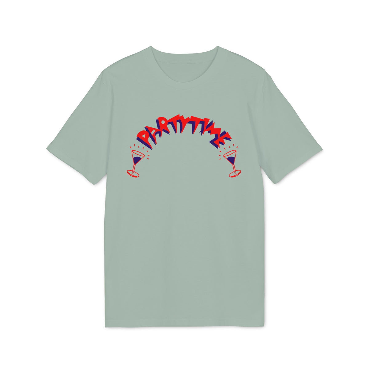 Sage green short-sleeve t-shirt featuring curved red and blue text reading "PARTY TIME" above two cocktail glasses.