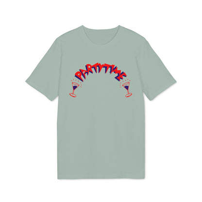 Sage green short-sleeve t-shirt featuring curved red and blue text reading "PARTY TIME" above two cocktail glasses.