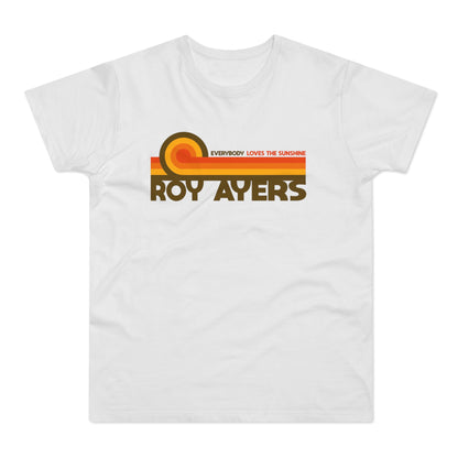 White t-shirt with "Roy Ayers Everybody Loves The Sunshine" graphic in retro sunset colors.