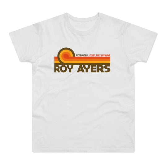 White t-shirt with "Roy Ayers Everybody Loves The Sunshine" graphic in retro sunset colors.