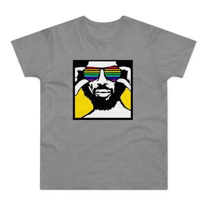Graphic of a man wearing rainbow sunglasses against a yellow and black background.