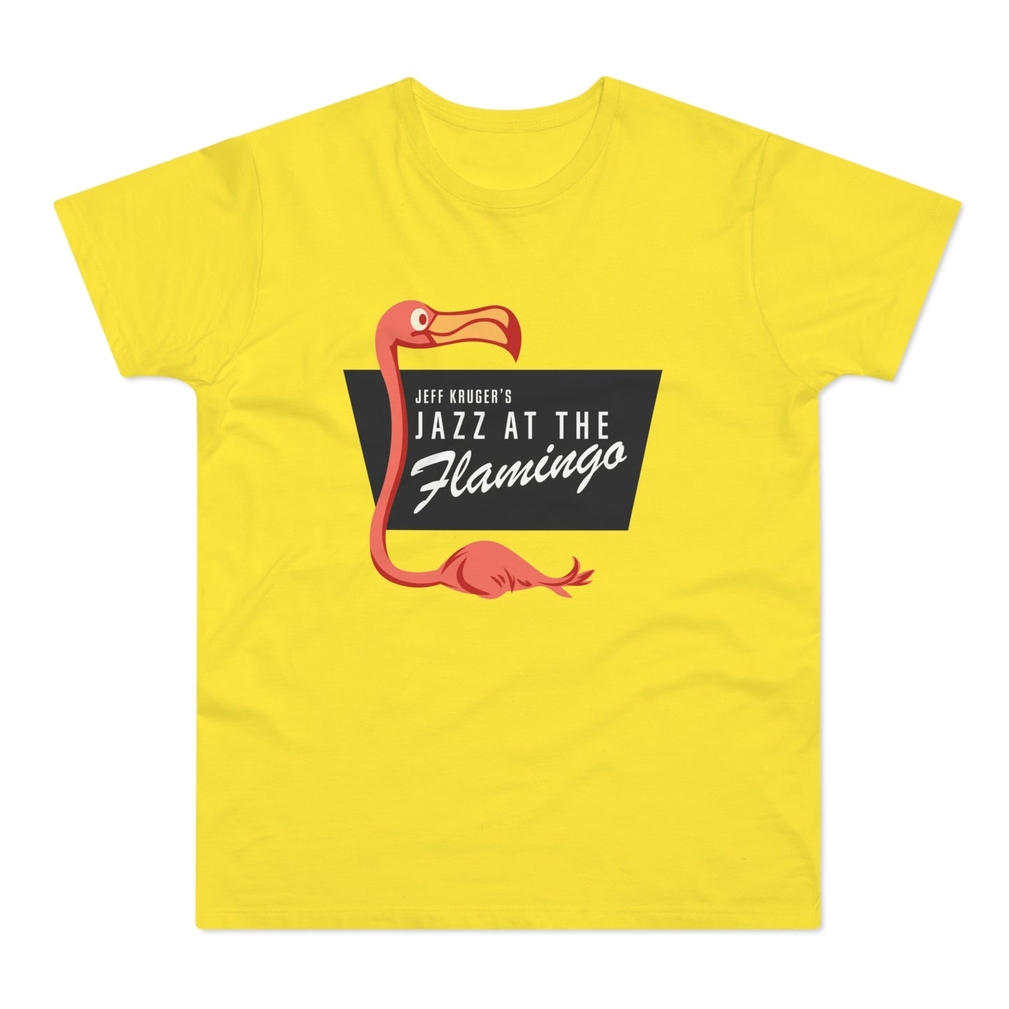 Yellow t-shirt with "Jeff Kruger's Jazz at the Flamingo" text and a flamingo graphic.