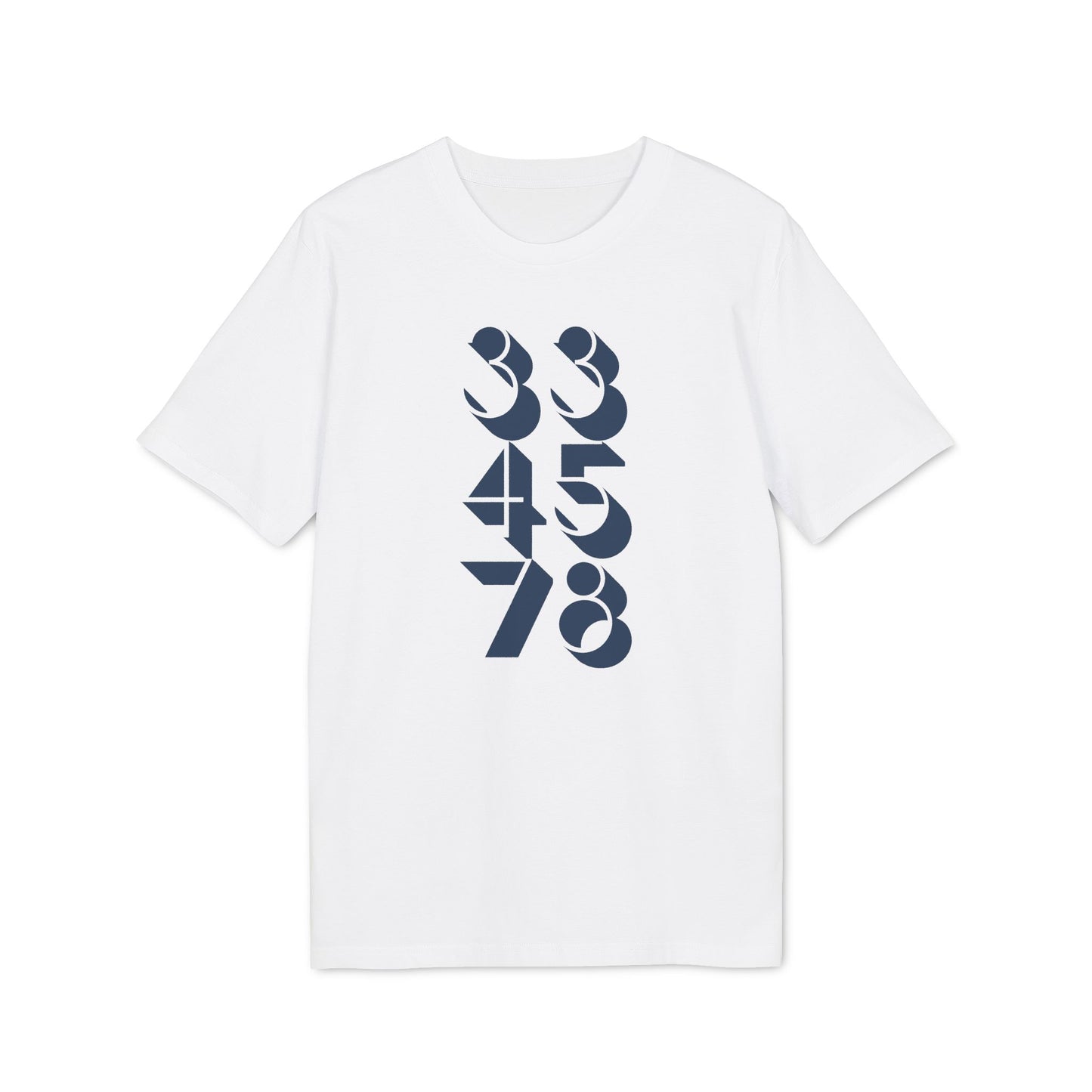 White t-shirt with navy blue graphic design of descending numbers 33, 45, 78.