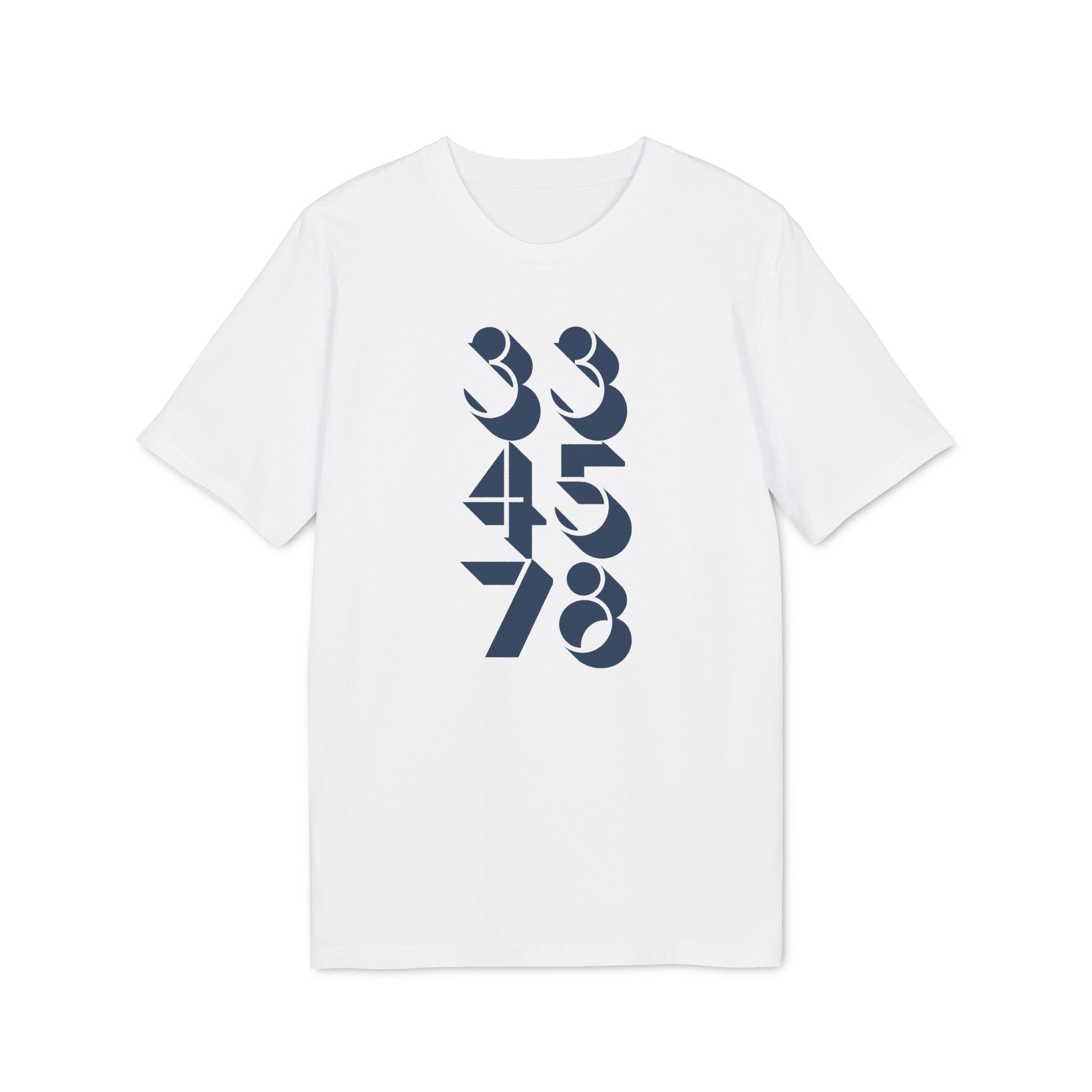 White t-shirt with navy blue graphic design of descending numbers 33, 45, 78.