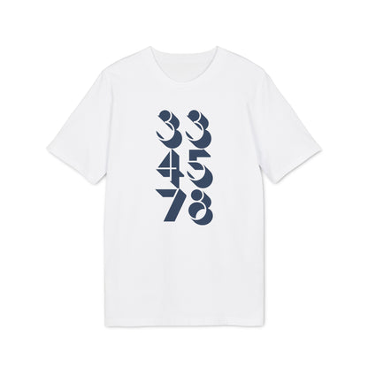 White t-shirt with navy blue graphic design of descending numbers 33, 45, 78.