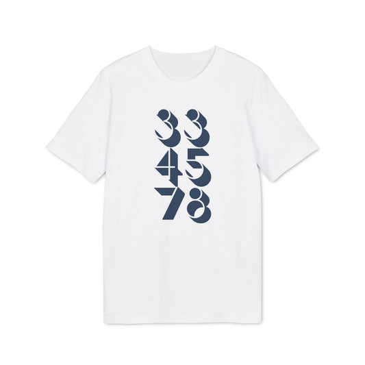 White t-shirt with navy blue graphic design of descending numbers 33, 45, 78.