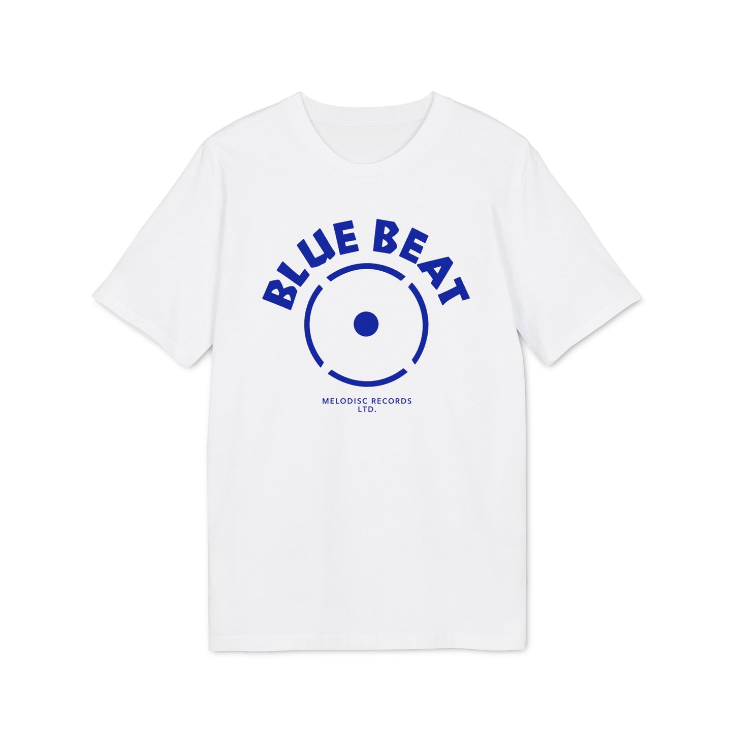 White t-shirt with blue "BLUE BEAT" text and Melodisc Records Ltd. logo.