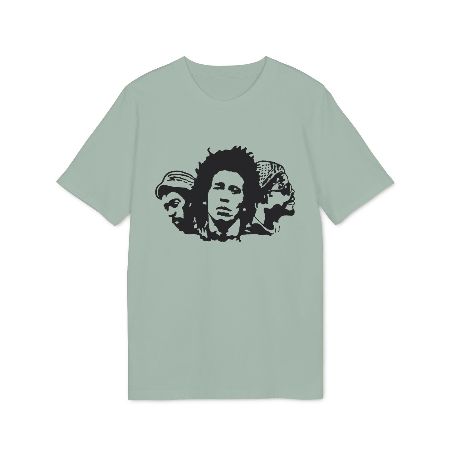 T-shirt with black graphic of three reggae musicians' faces.