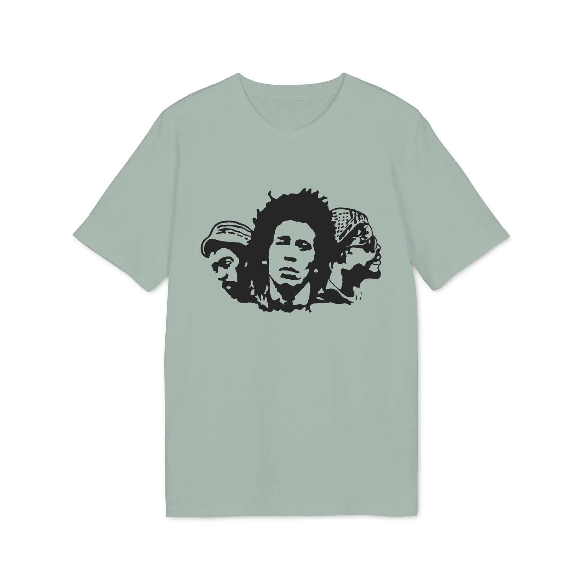T-shirt with black graphic of three reggae musicians' faces.