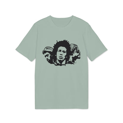 T-shirt with black graphic of three reggae musicians' faces.