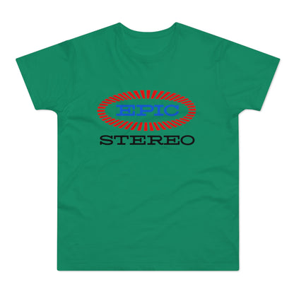 Green t-shirt with EPIC and STEREO logos.