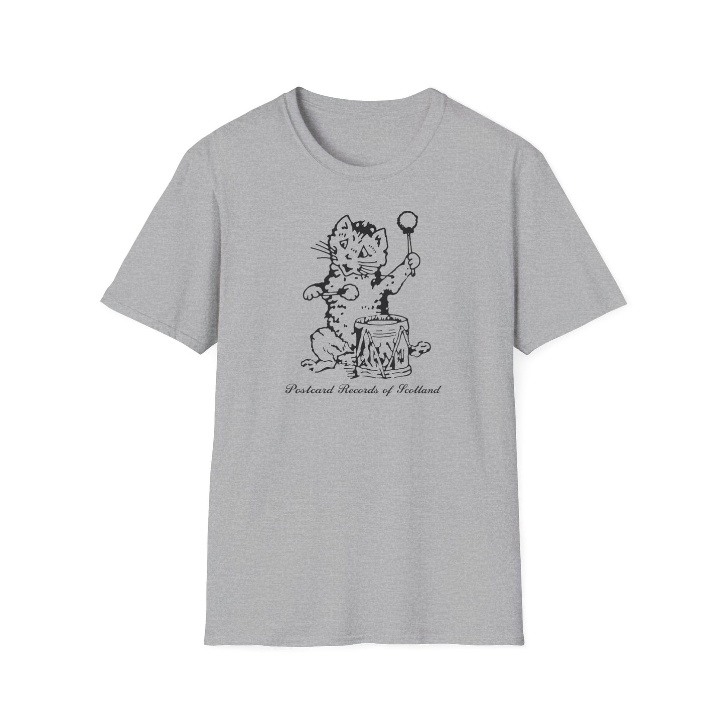 T-shirt with a drawing of a cat playing a drum and marching band style hat, saying Postcard Records of Scotland.