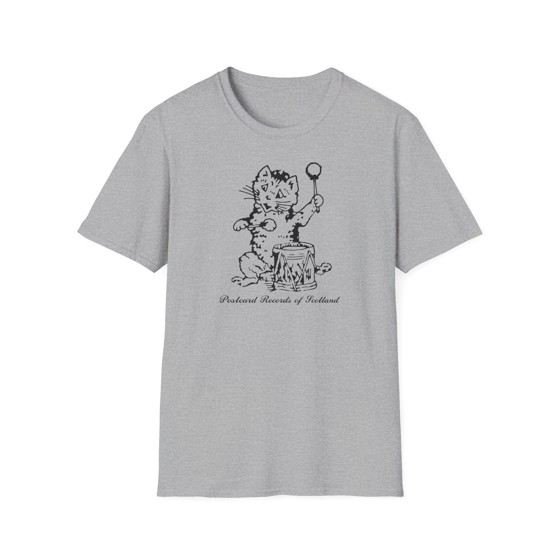 T-shirt with a drawing of a cat playing a drum and marching band style hat, saying Postcard Records of Scotland.