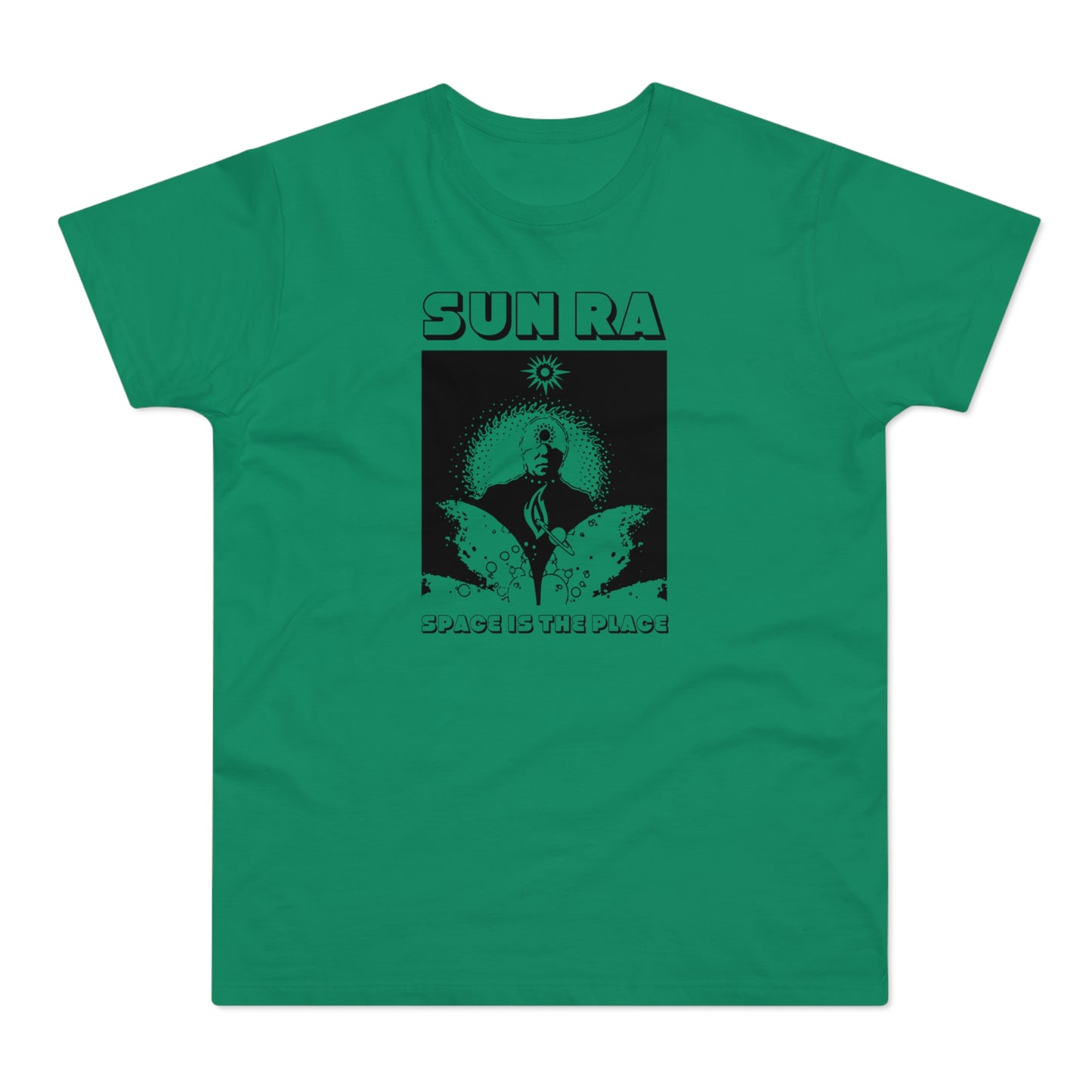 Green t-shirt with black Sun Ra "Space is the Place" graphic featuring a portrait.