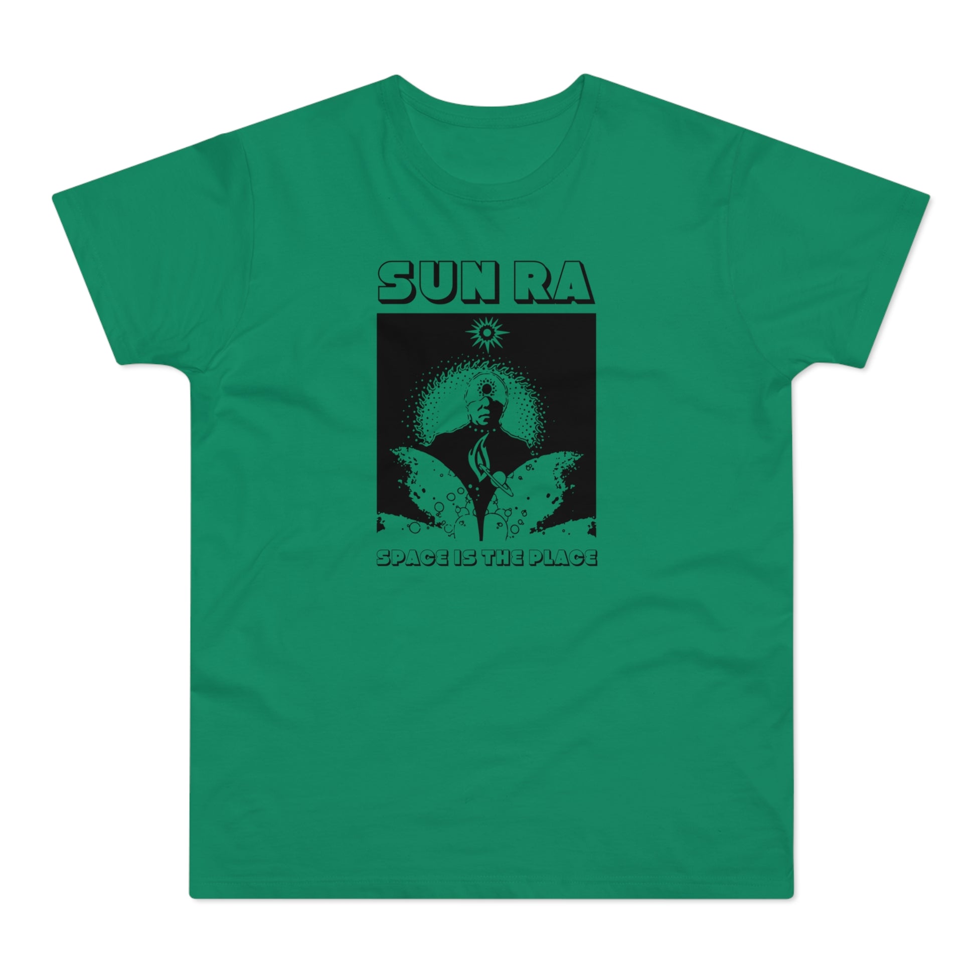 Green t-shirt with black Sun Ra "Space is the Place" graphic featuring a portrait.