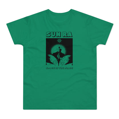 Green t-shirt with black Sun Ra "Space is the Place" graphic featuring a portrait.