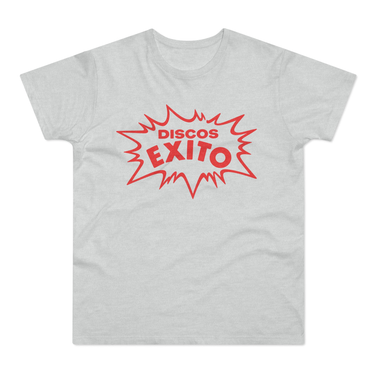 Light grey t-shirt with red "DISCOS EXITO" text in a starburst design.