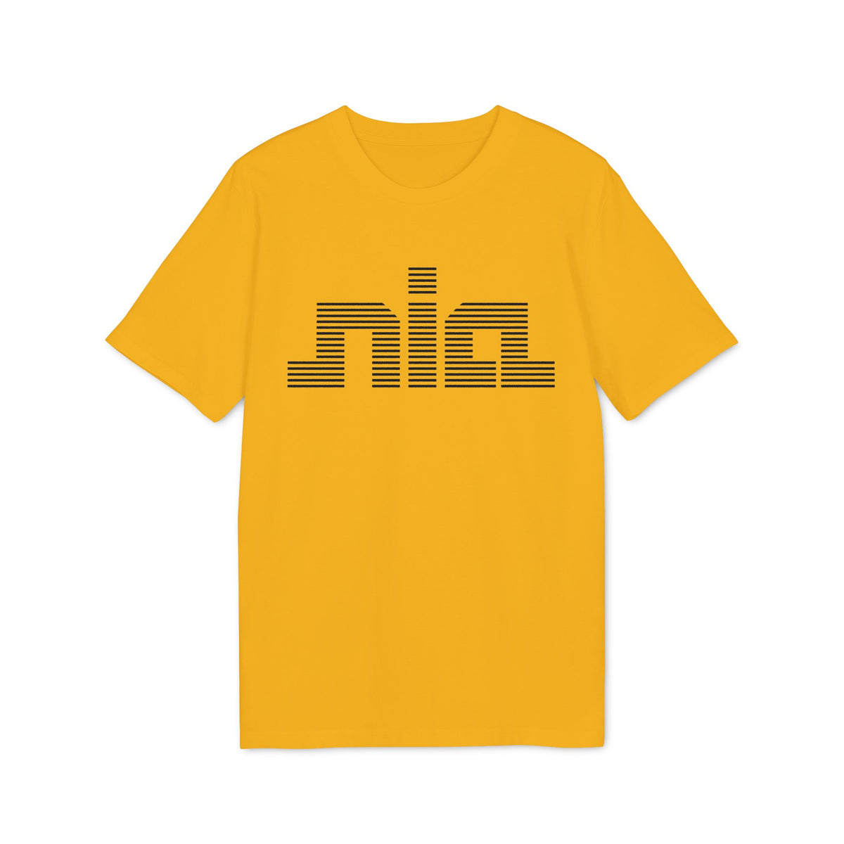 Gold short-sleeve crewneck t-shirt featuring a black graphic of the word nia in striped lettering.