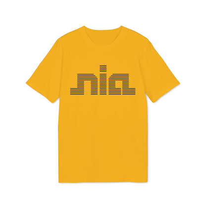 Gold short-sleeve crewneck t-shirt featuring a black graphic of the word nia in striped lettering.