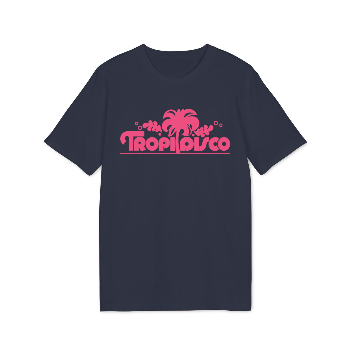 A dark navy t-shirt featuring a pink graphic of a palm tree and the text Tropi Disco.