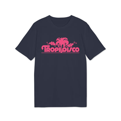 A dark navy t-shirt featuring a pink graphic of a palm tree and the text Tropi Disco.