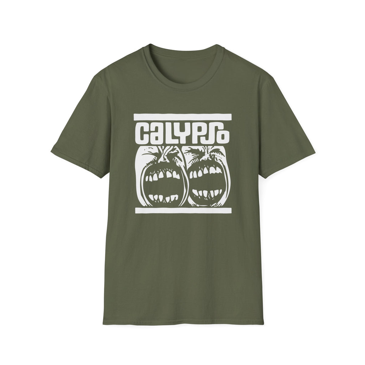 Green t-shirt with white "CALYPSO" text above two screaming faces.