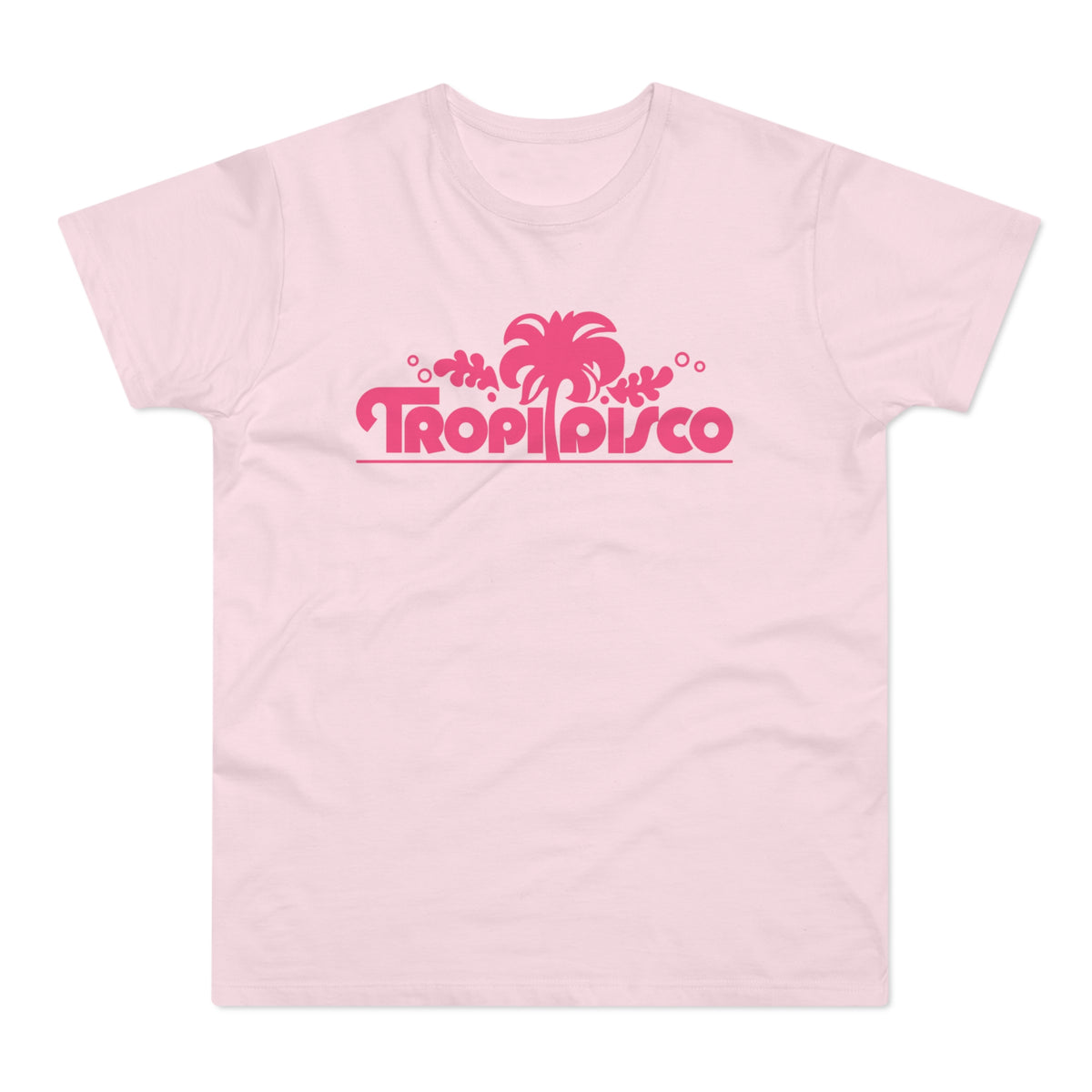 Pink t-shirt with a bright pink TropiDisco logo featuring a palm tree and foliage.