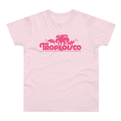 Pink t-shirt with a bright pink TropiDisco logo featuring a palm tree and foliage.