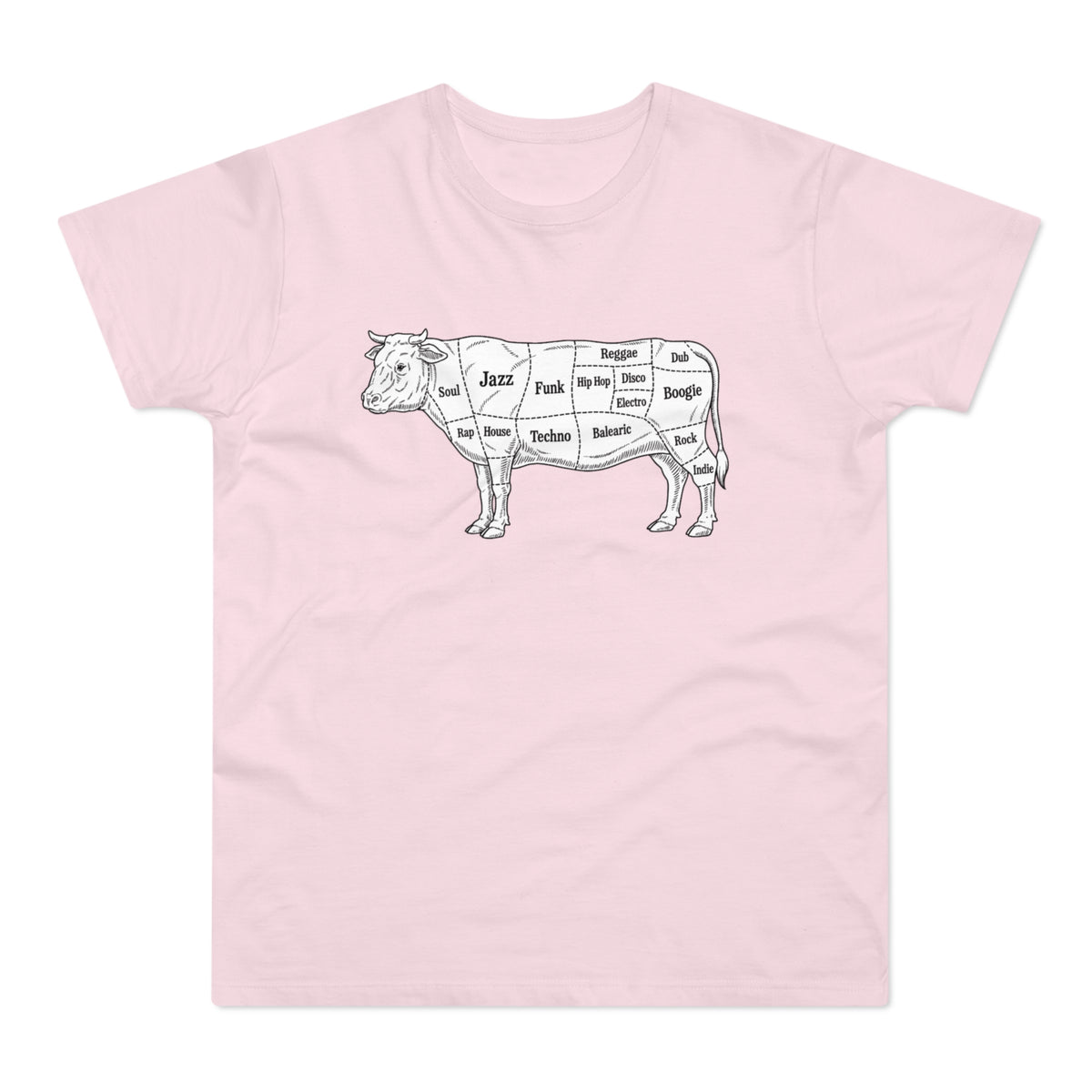 Line drawing of a cow with music genres labeled on its cuts.