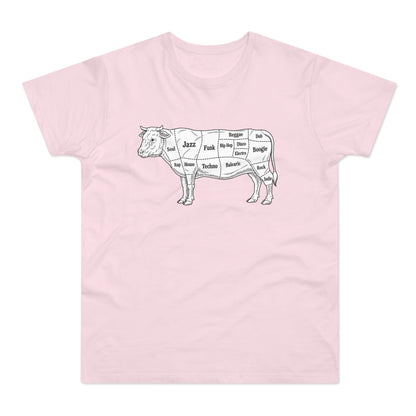 Line drawing of a cow with music genres labeled on its cuts.