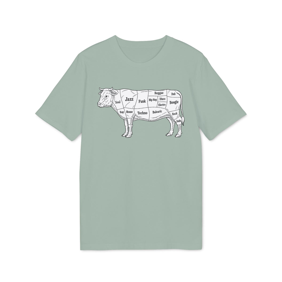 A sage green crewneck t-shirt featuring a diagram of a cow labeled with music genres.