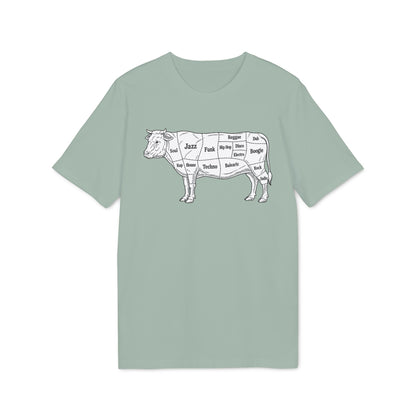 A sage green crewneck t-shirt featuring a diagram of a cow labeled with music genres.