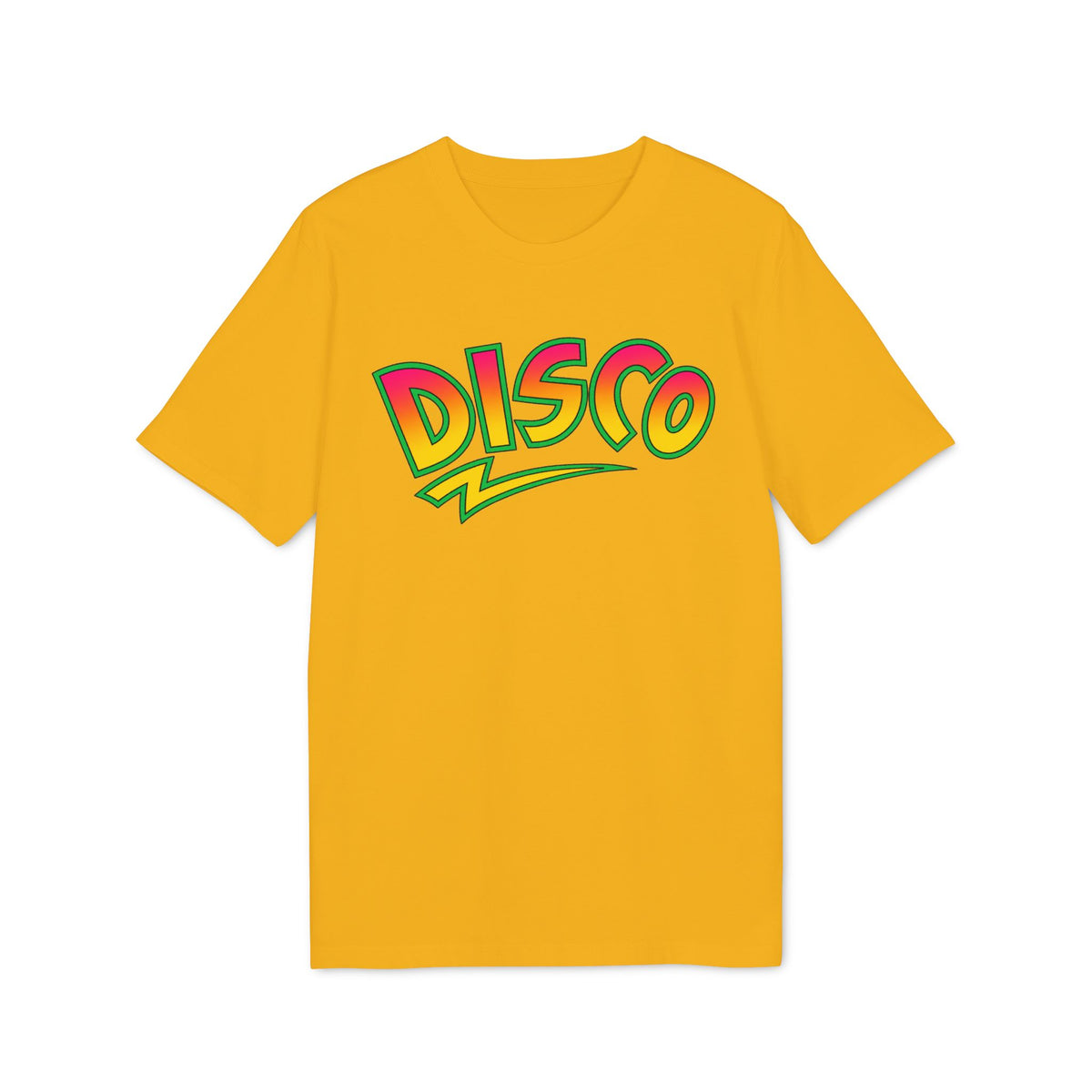 A yellow short-sleeved t-shirt features the word DISCO in multi-colored bubble letters with green outlines across the chest.