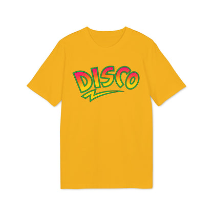 A yellow short-sleeved t-shirt features the word DISCO in multi-colored bubble letters with green outlines across the chest.