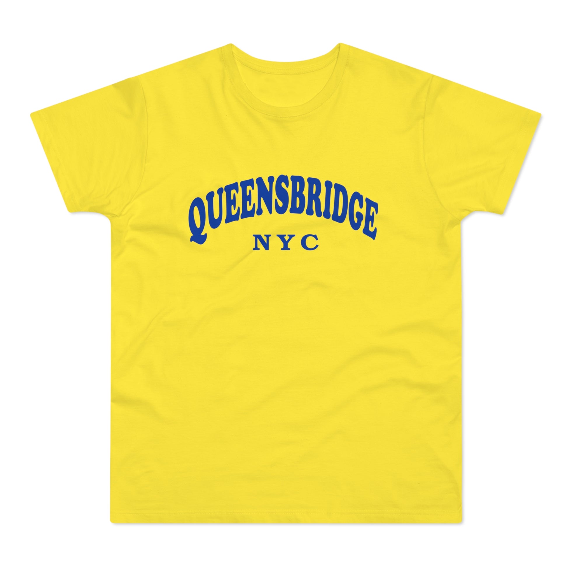 Yellow t-shirt with blue "QUEENSBRIDGE NYC" text.