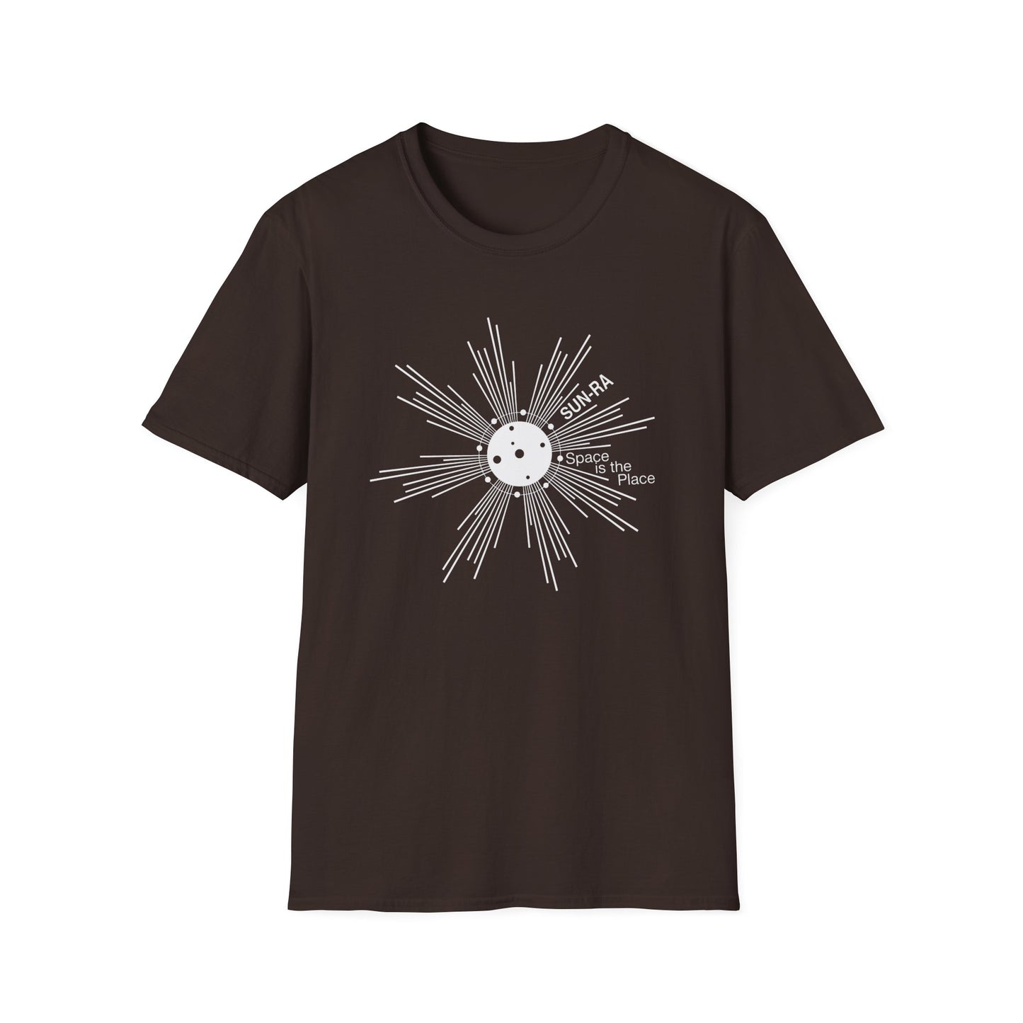 Brown t-shirt with white SUN-RA "Space is the Place" graphic.