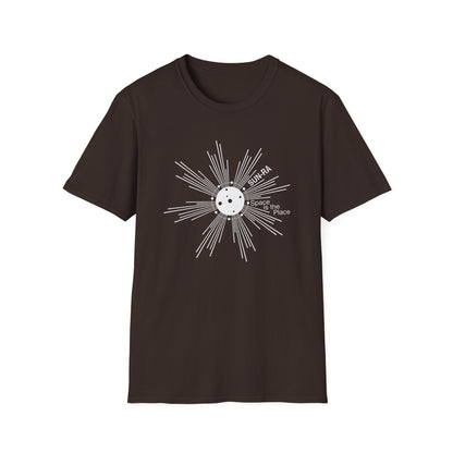 Brown t-shirt with white SUN-RA "Space is the Place" graphic.