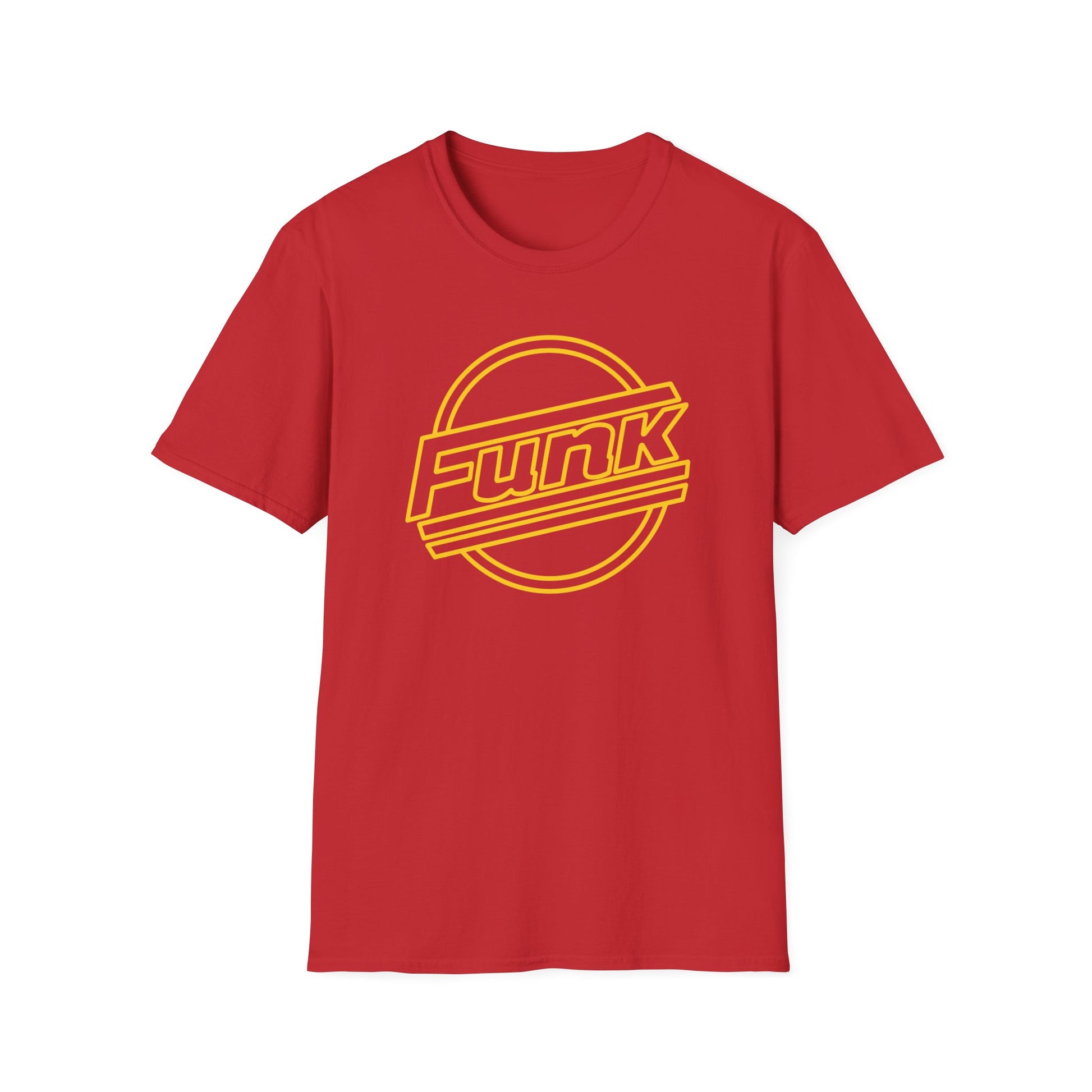 Red t-shirt with yellow "Funk" text within a circular graphic.