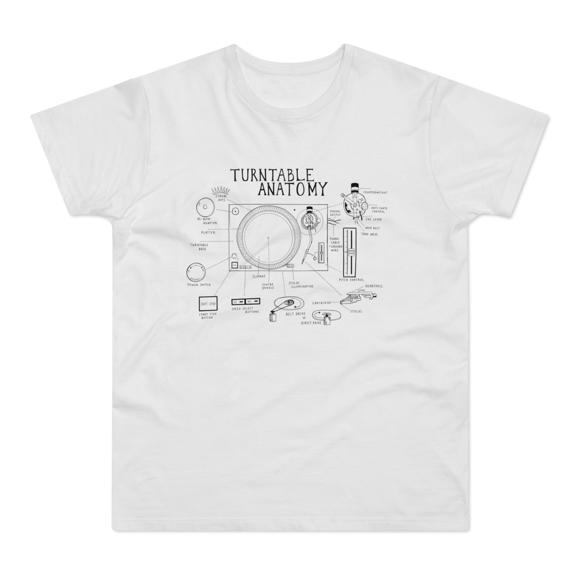 White t-shirt with black line drawing "Turntable Anatomy" diagram and labels.