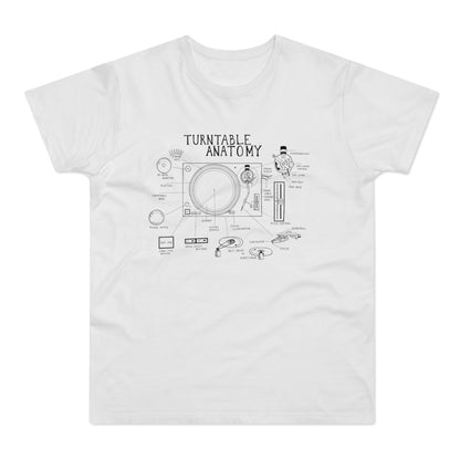White t-shirt with black line drawing "Turntable Anatomy" diagram and labels.