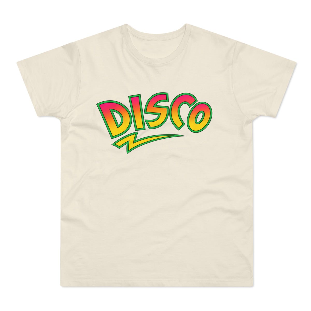 Cream t-shirt featuring the word DISCO in a colorful gradient with a green outline.