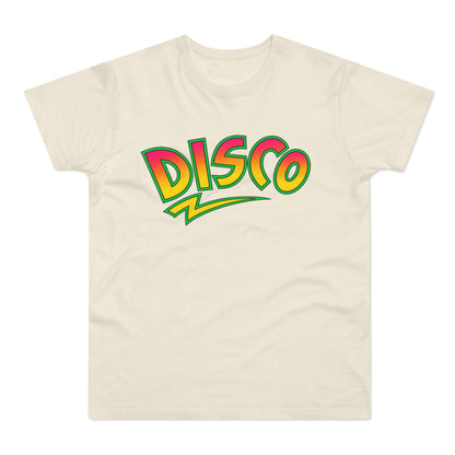 Cream t-shirt featuring the word DISCO in a colorful gradient with a green outline.