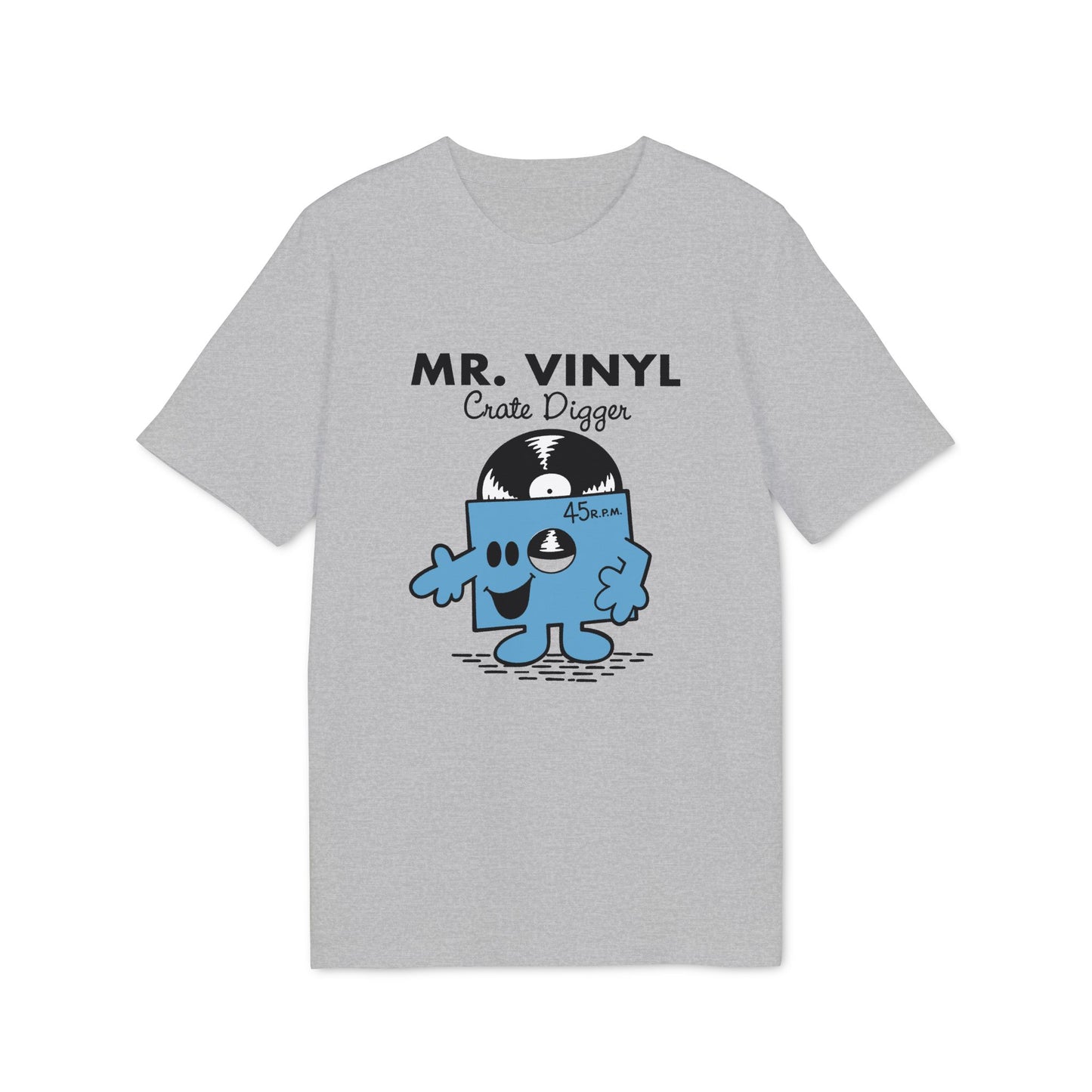 Grey t-shirt with "MR. VINYL Crate Digger" and a blue vinyl record character.