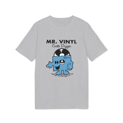 Grey t-shirt with "MR. VINYL Crate Digger" and a blue vinyl record character.