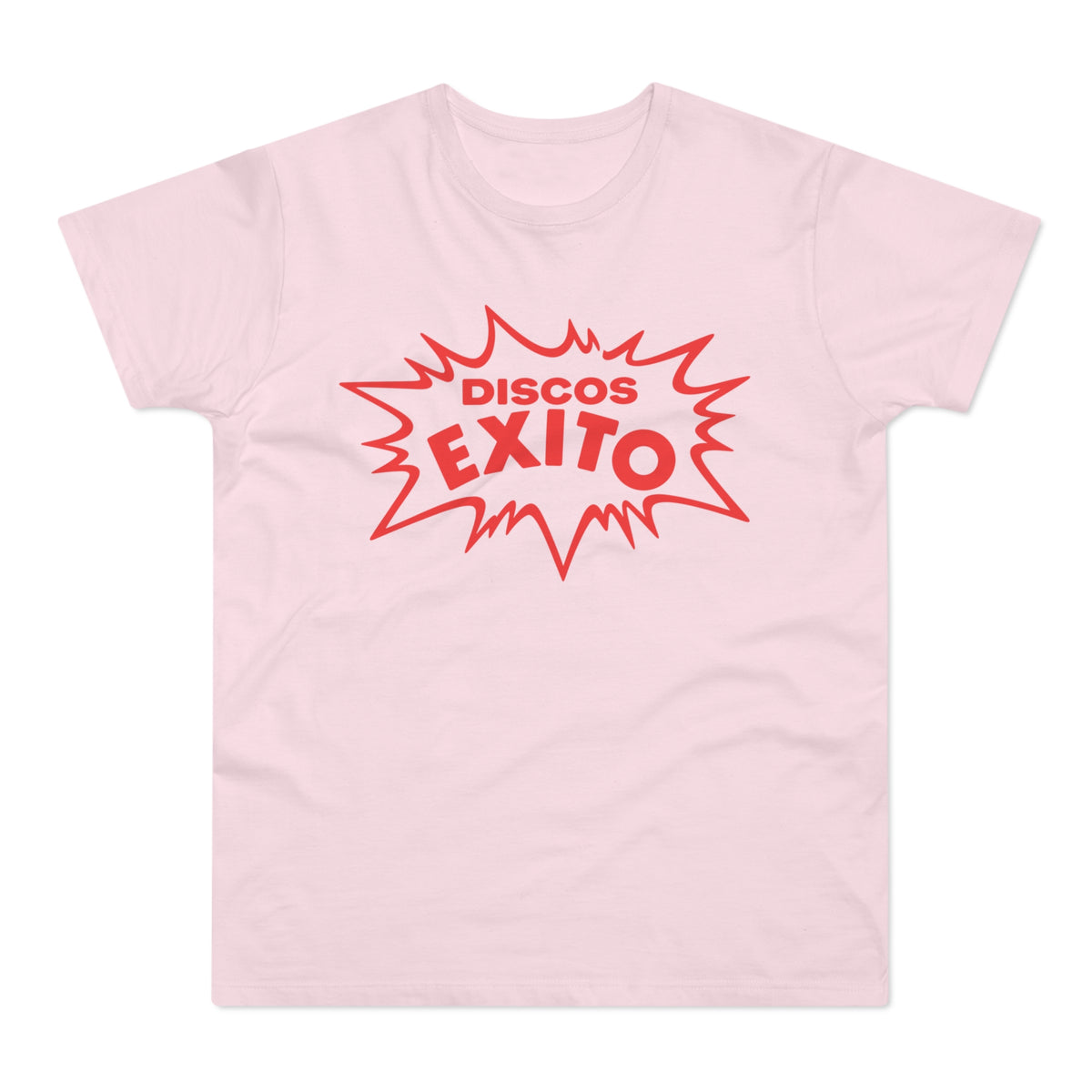 Pink t-shirt with red "DISCOS" and "EXITO" text in a burst design.