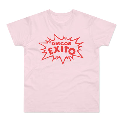 Pink t-shirt with red "DISCOS" and "EXITO" text in a burst design.