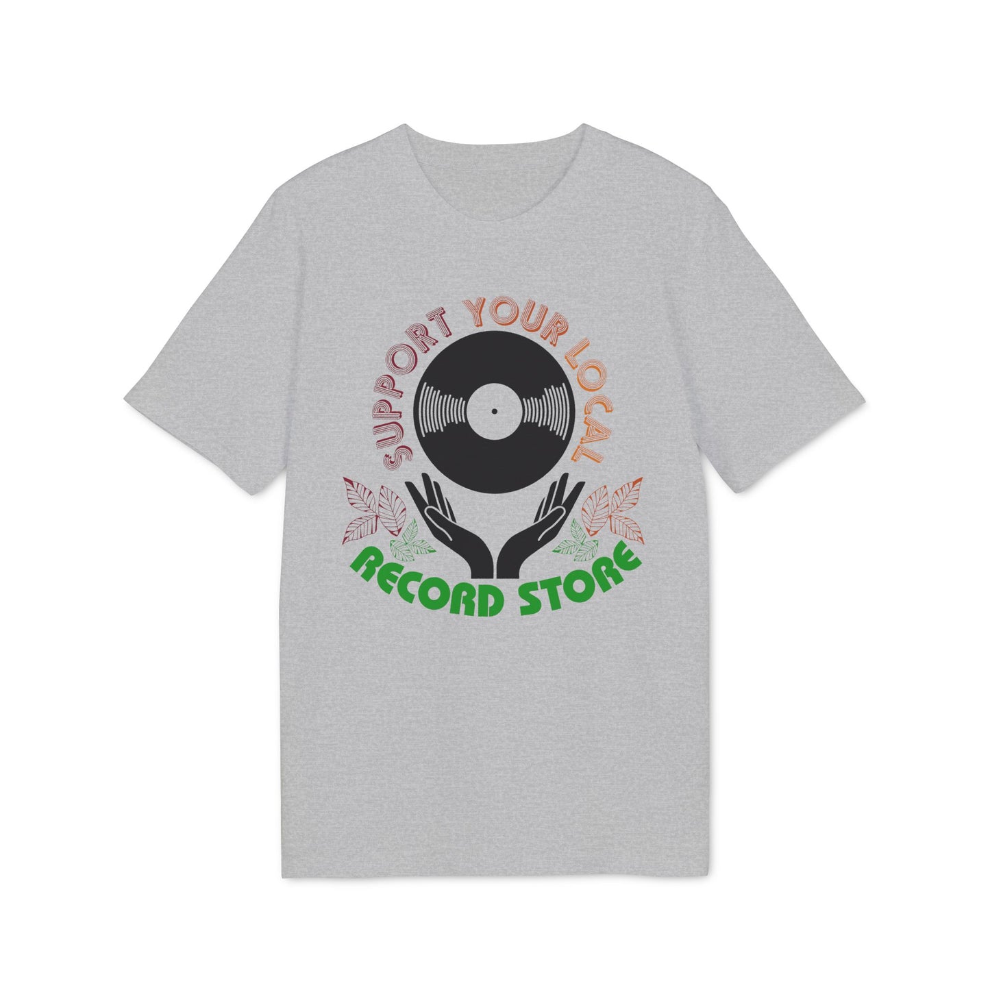 Grey t-shirt with a circular graphic featuring a vinyl record and hands. Text reads "Support Your Local Record Store."
