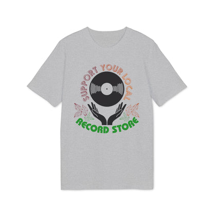 Grey t-shirt with a circular graphic featuring a vinyl record and hands. Text reads "Support Your Local Record Store."
