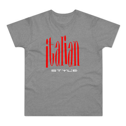 Grey t-shirt with red "ITALIAN STYLE" text on the front.